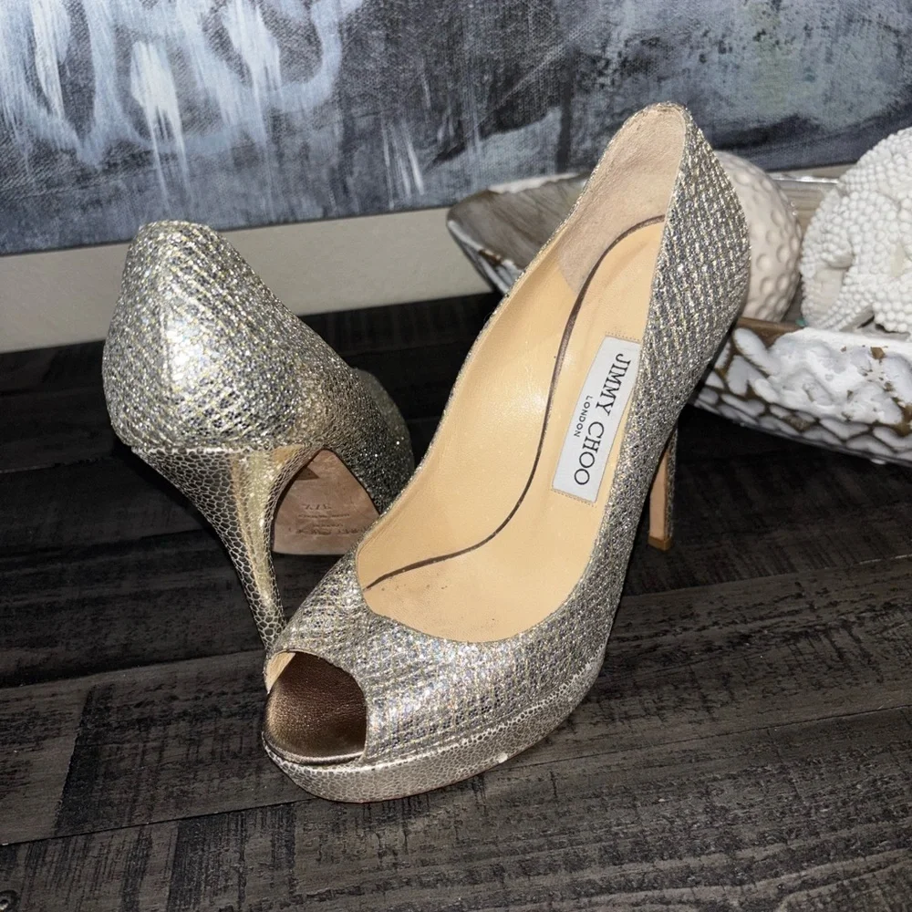 Jimmy Choo Crown  Glitter Fabric Champagne  Platform  7.5 - Picture 5 of 9
